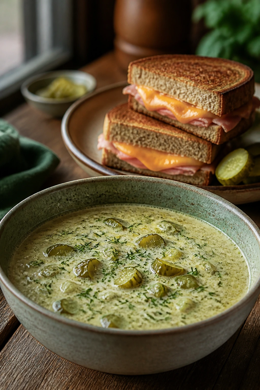 Dill pickle soup with ham cheddar melts on rye bread