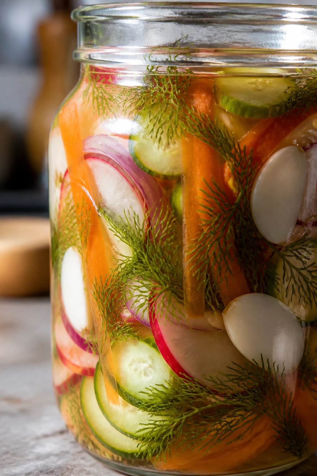 Jar of dill-led pickles with dill and garlic visible through glass
