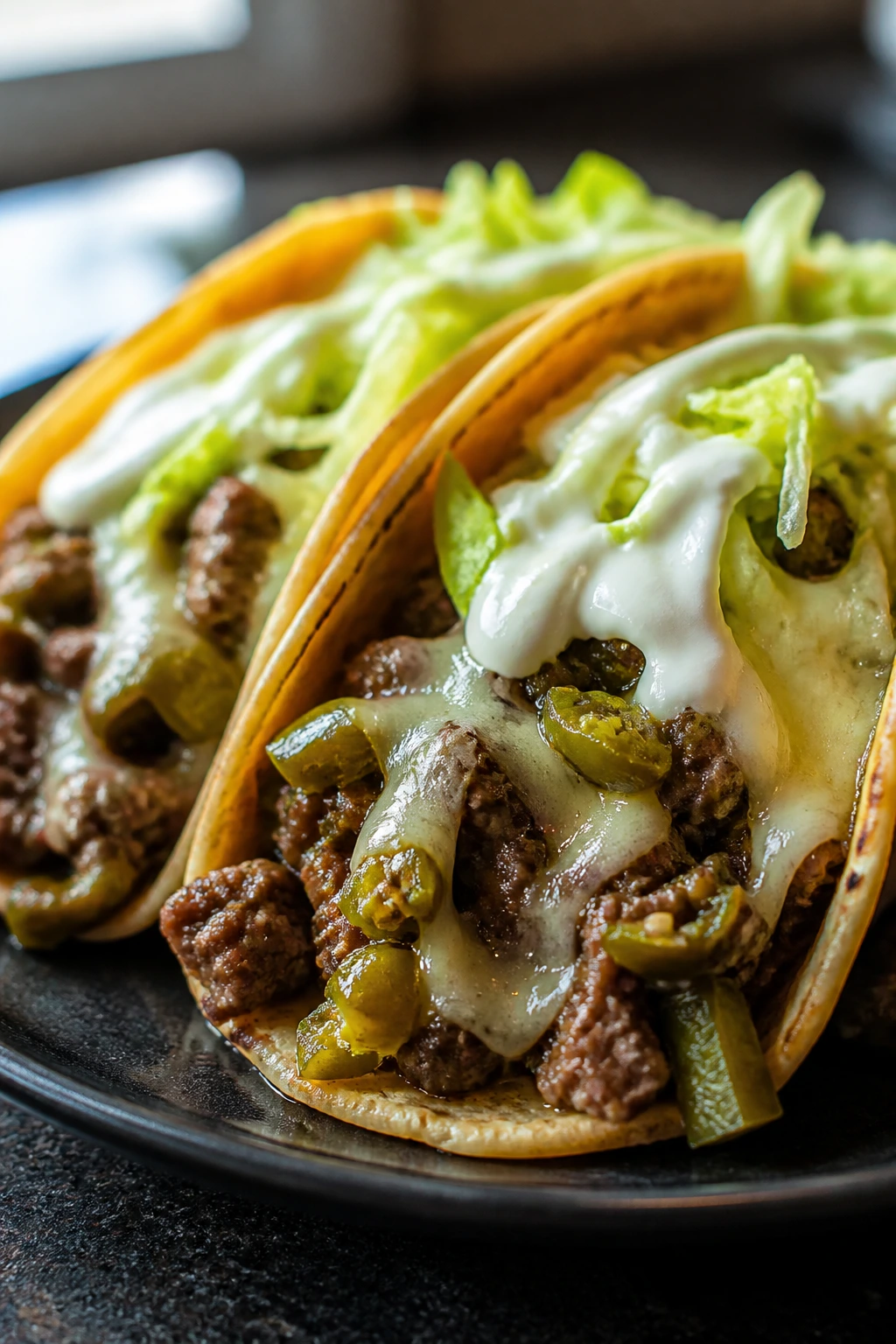 Close-up of pickled jalapeño beef tacos with crema and lettuce