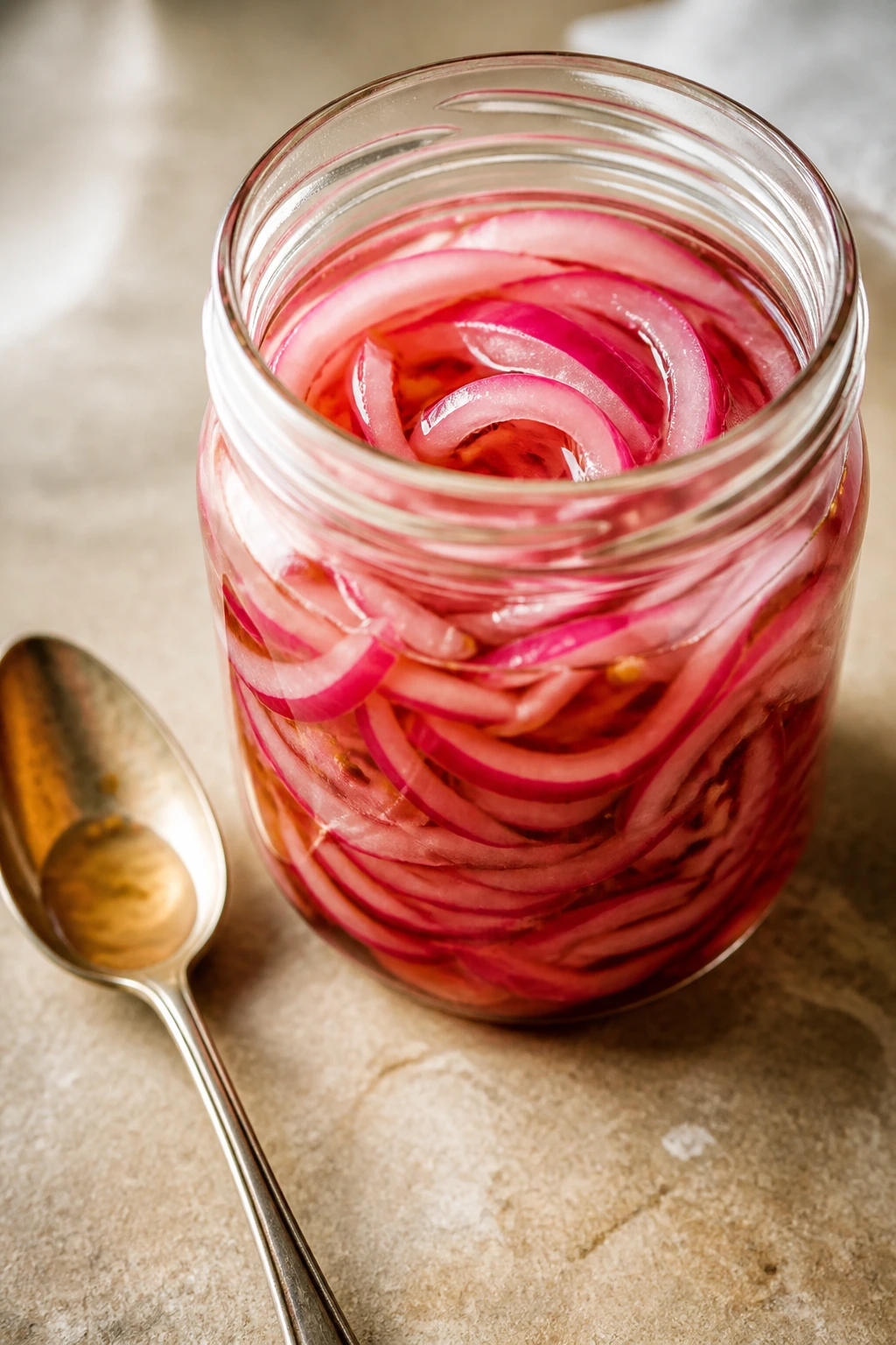 Close-up of a jar of pickled onions on a countertop with a spoon