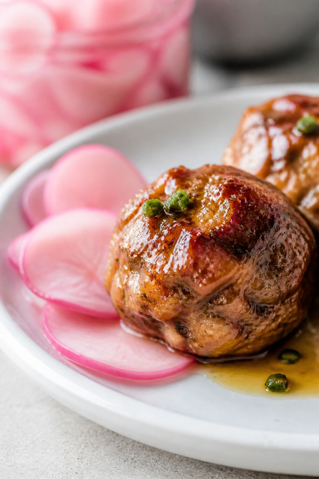 Pork meatball with pickled radish slices on a plate