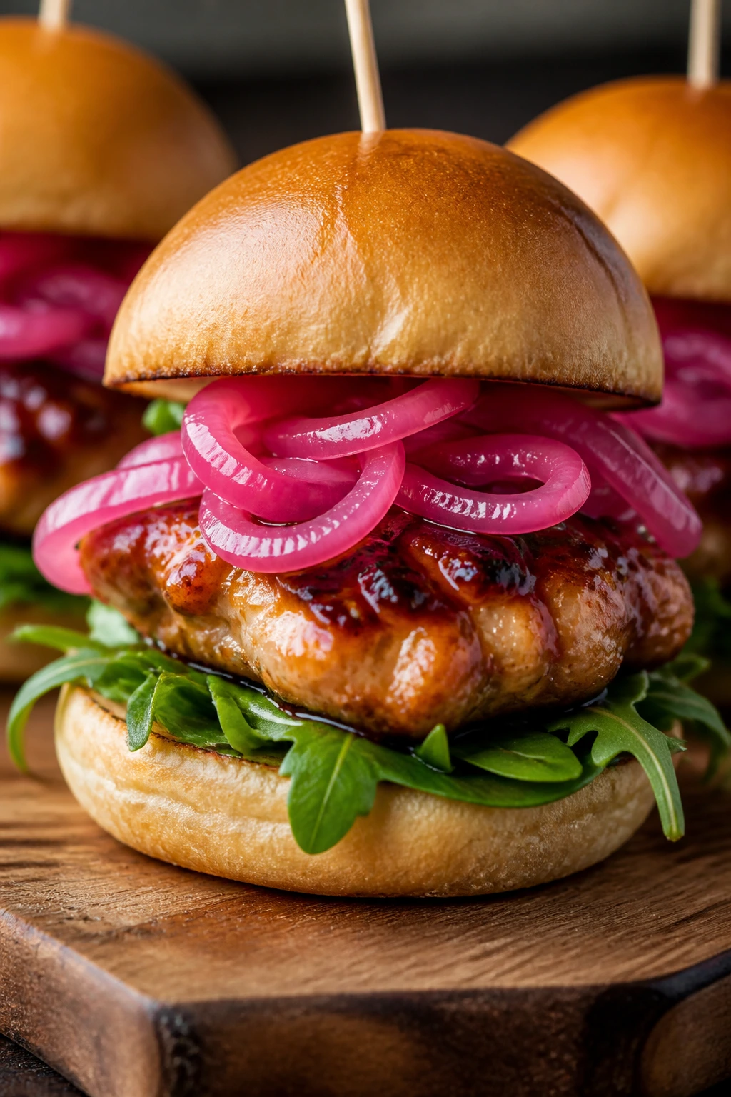 Close-up of pickled red onion teriyaki chicken slider with arugula