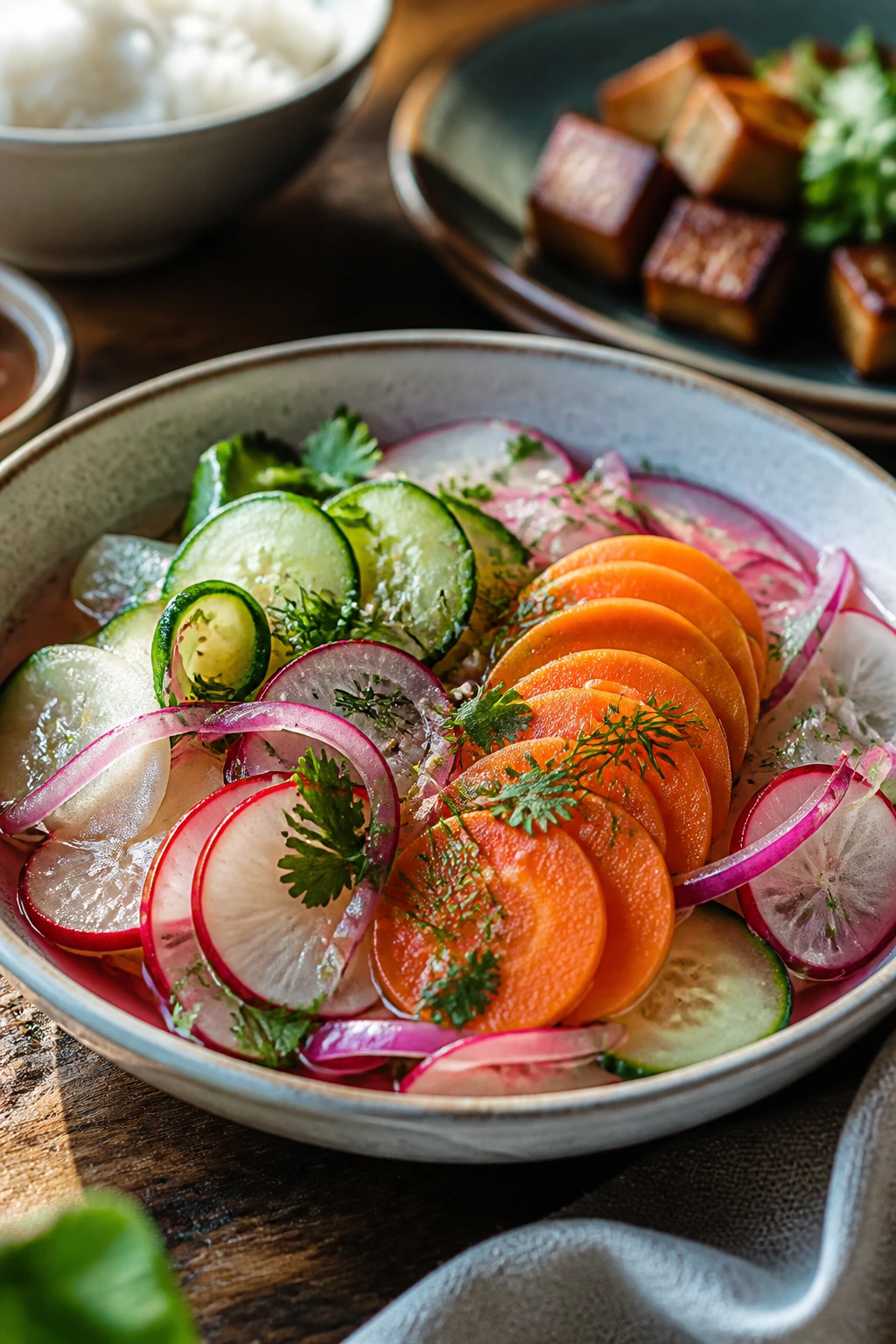Close-up of bright quick-pickled vegetables in a bowl with carrot fan, onion, cucumber, radish, and herbs