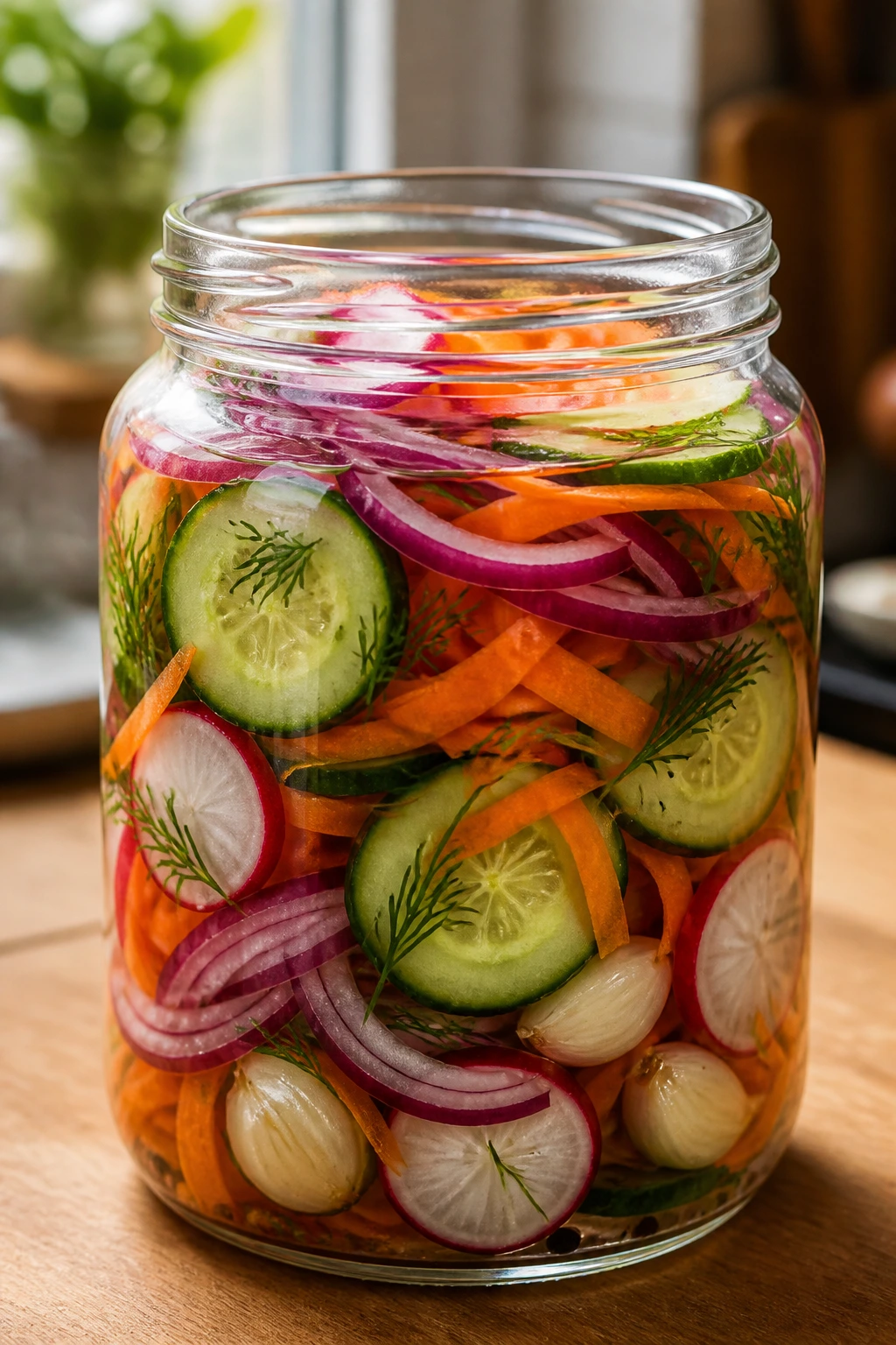Close-up of a jar of quick pickled vegetables in brine with dill and garlic on a kitchen counter