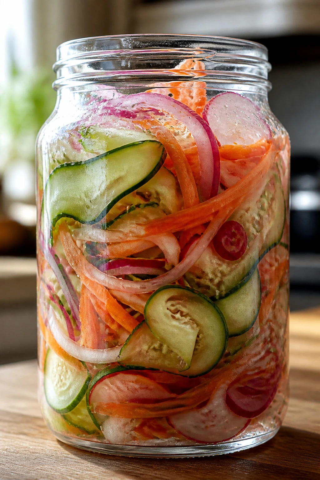 Close-up of a glass jar of quick pickled vegetables on a wooden kitchen counter