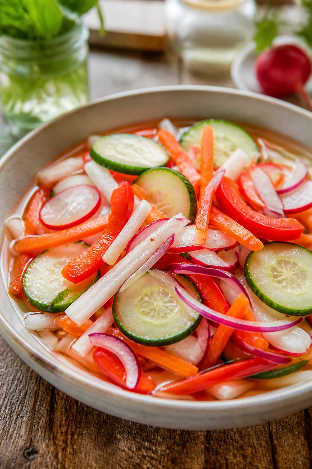 Close-up of a colorful bowl of crispy pickled vegetables ready for a healthy dinner