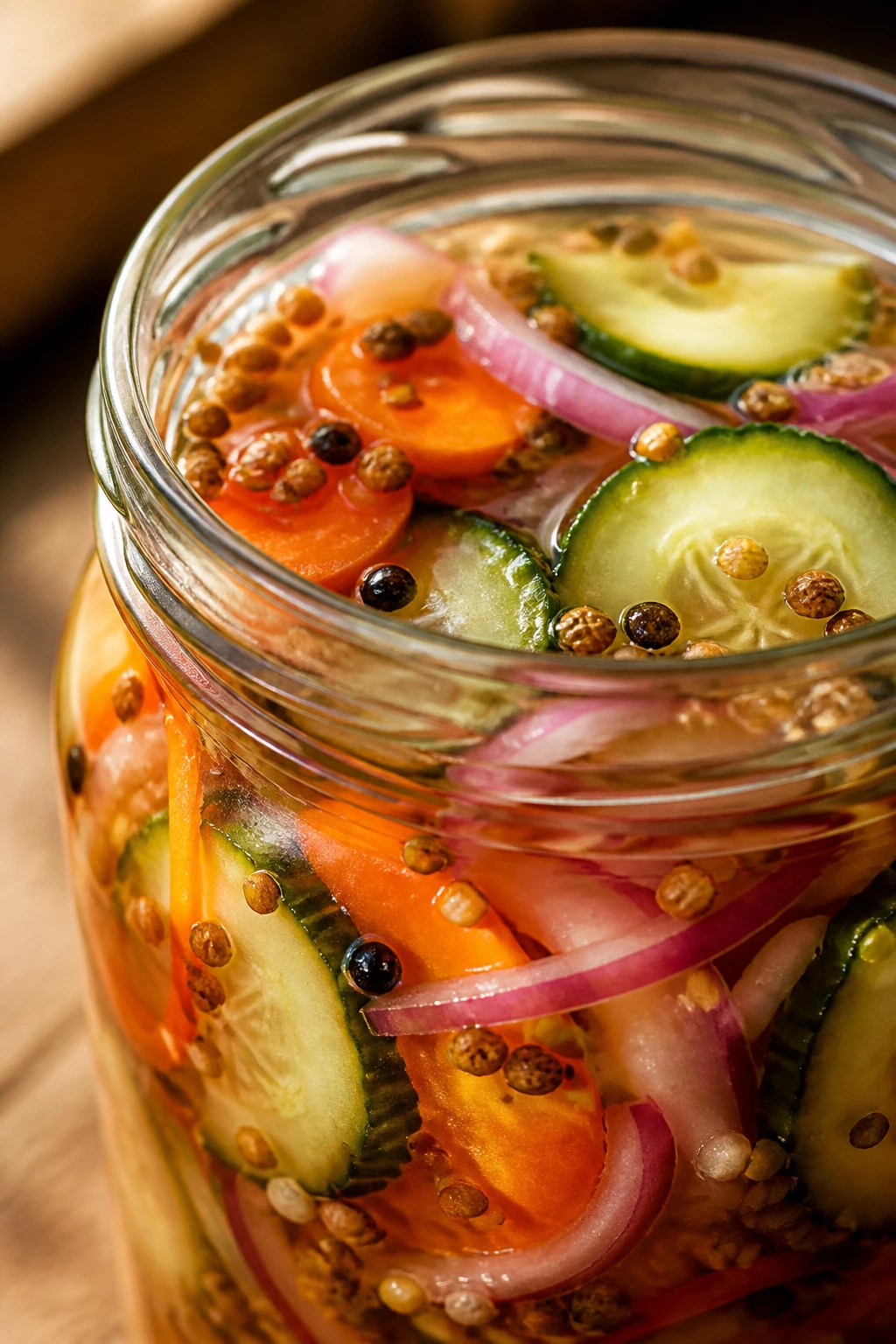 Close-up of a jar of quick-pickled vegetables with seeds in brine, ready to flavor meals.