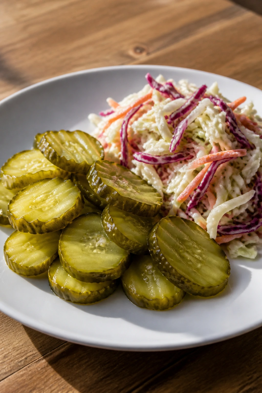 Close-up of dill pickle slices and crisp vinegar slaw on a plate