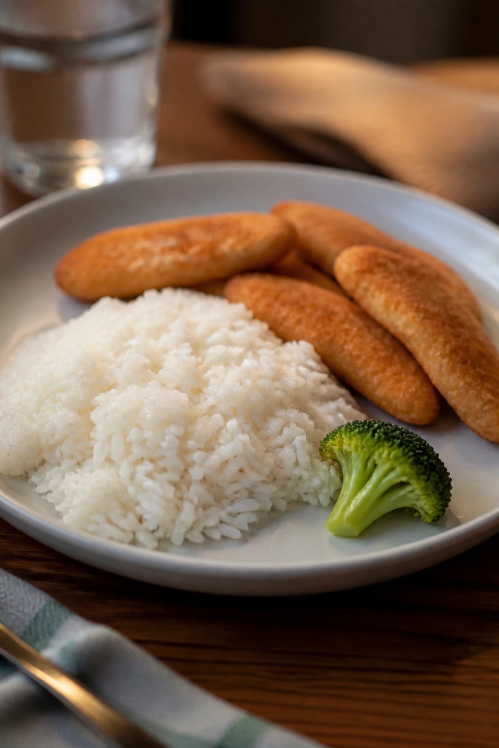Dinner plate with a large portion of plain rice and small sides