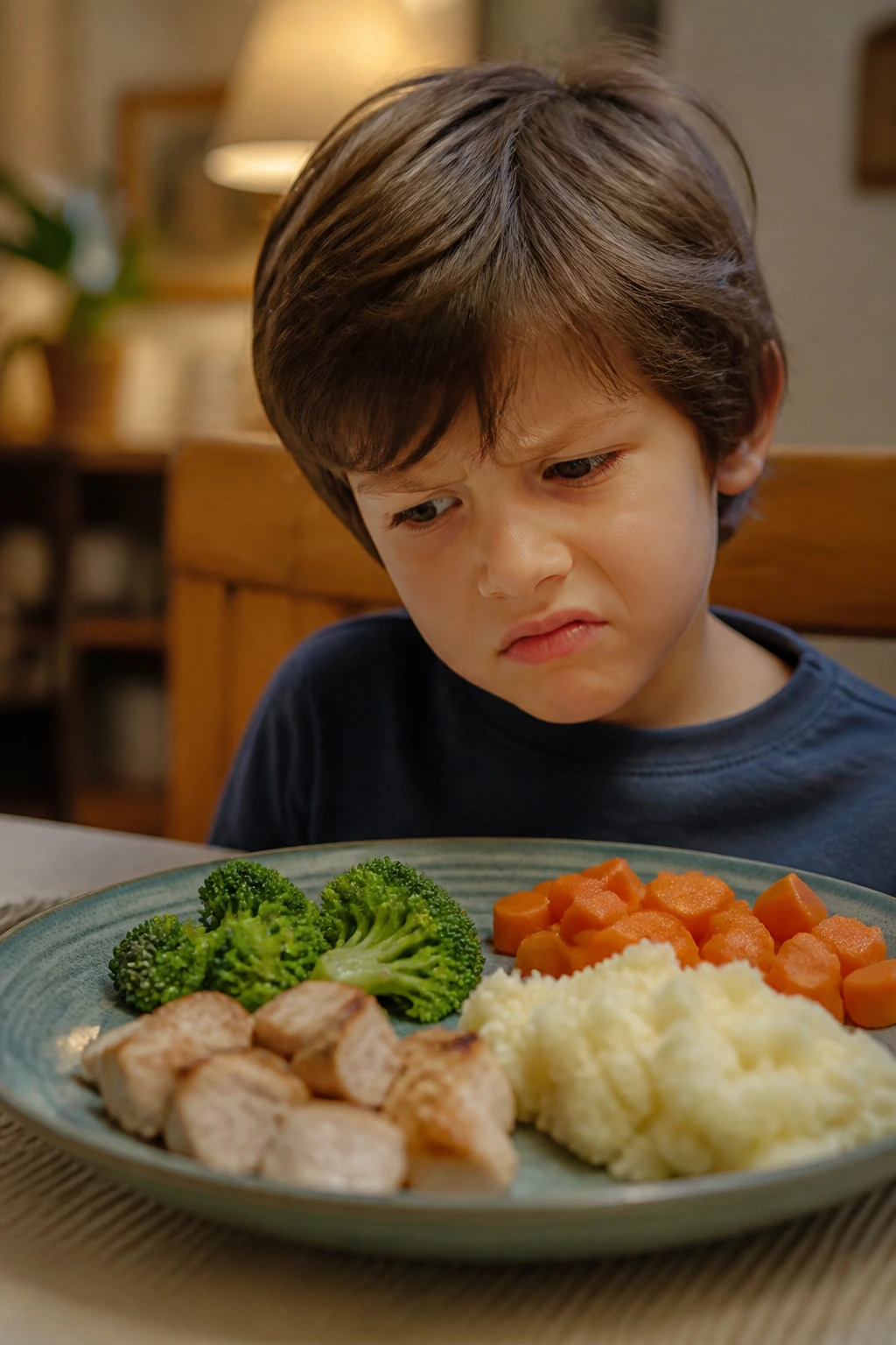 Close-up of a skeptical child at a dining table viewing a plate with mixed textures