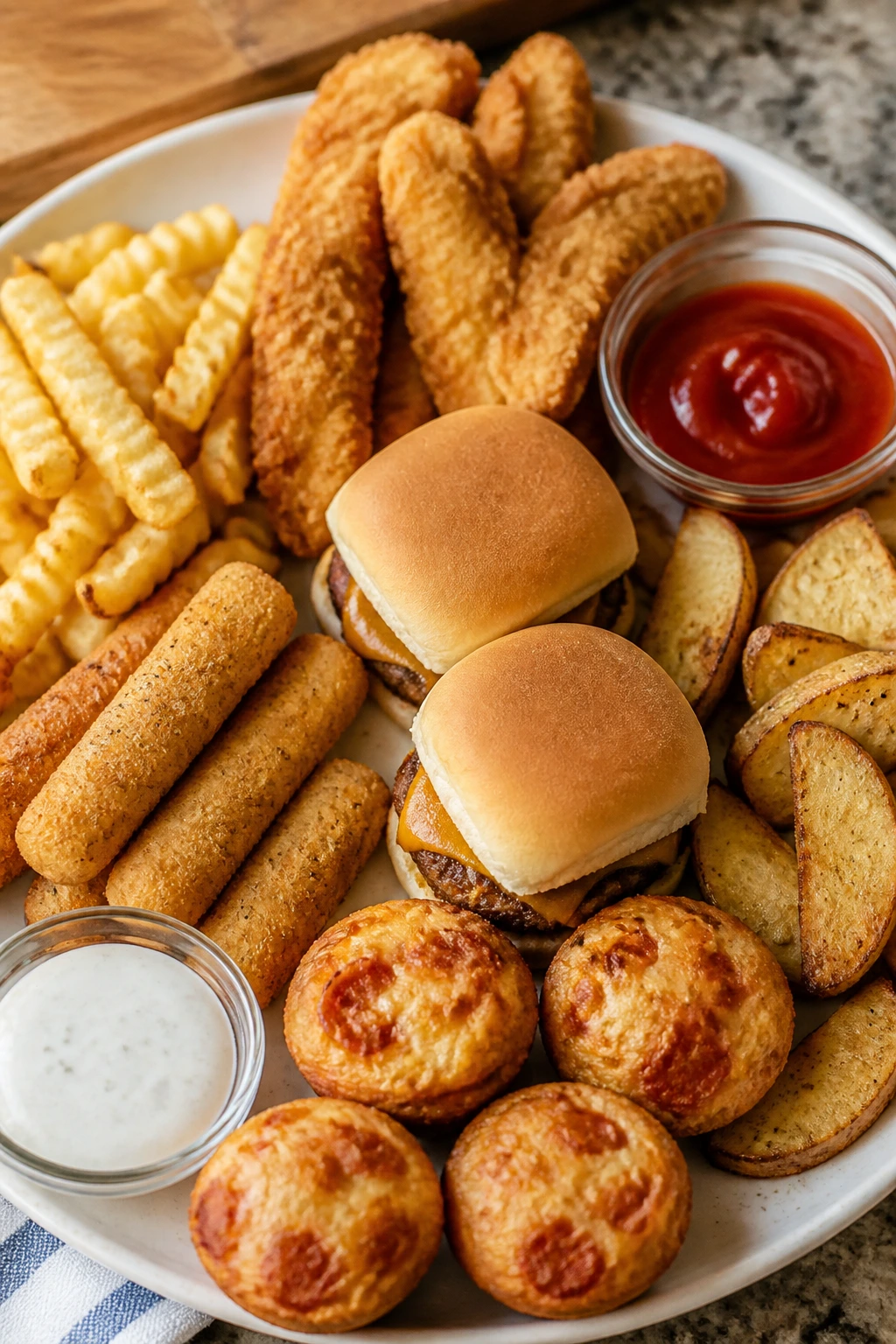 Plate with familiar picky-eater shapes (tenders, sticks, sliders, muffins, wedges) on a round plate