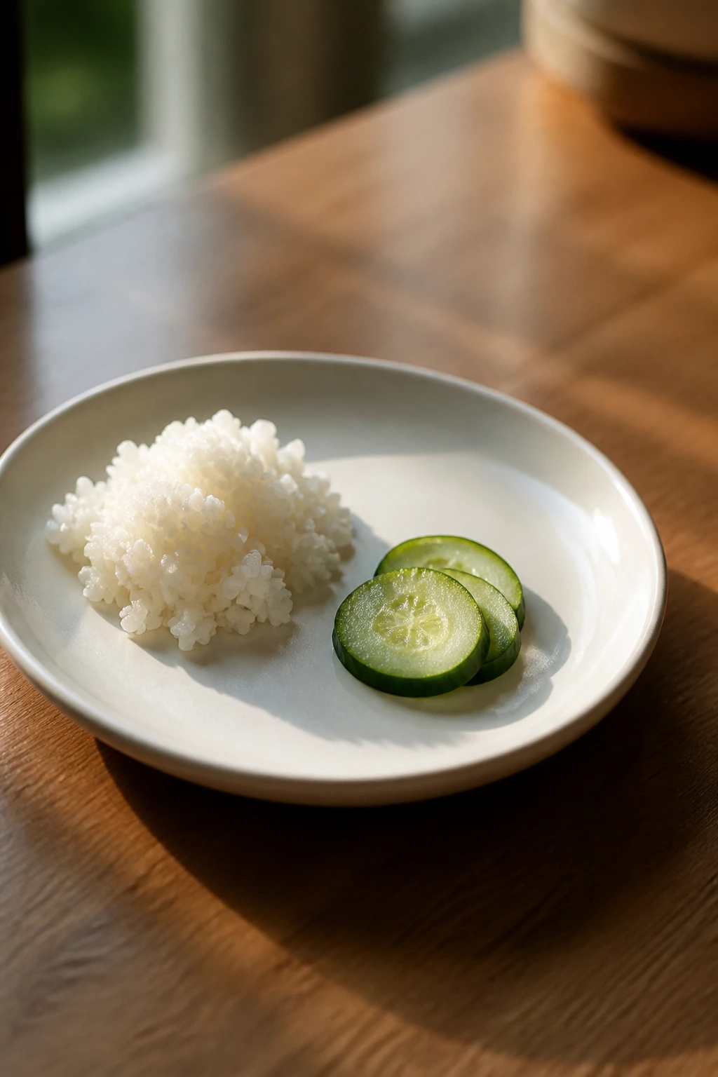 Sharing plate with plain rice and a small veggie portion
