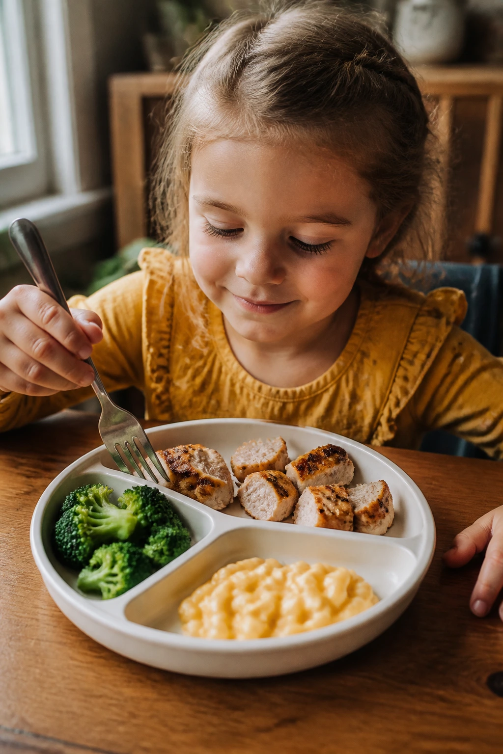 Close-up of a real child at a divided dinner plate with separate sections for safe foods, protein, and vegetables