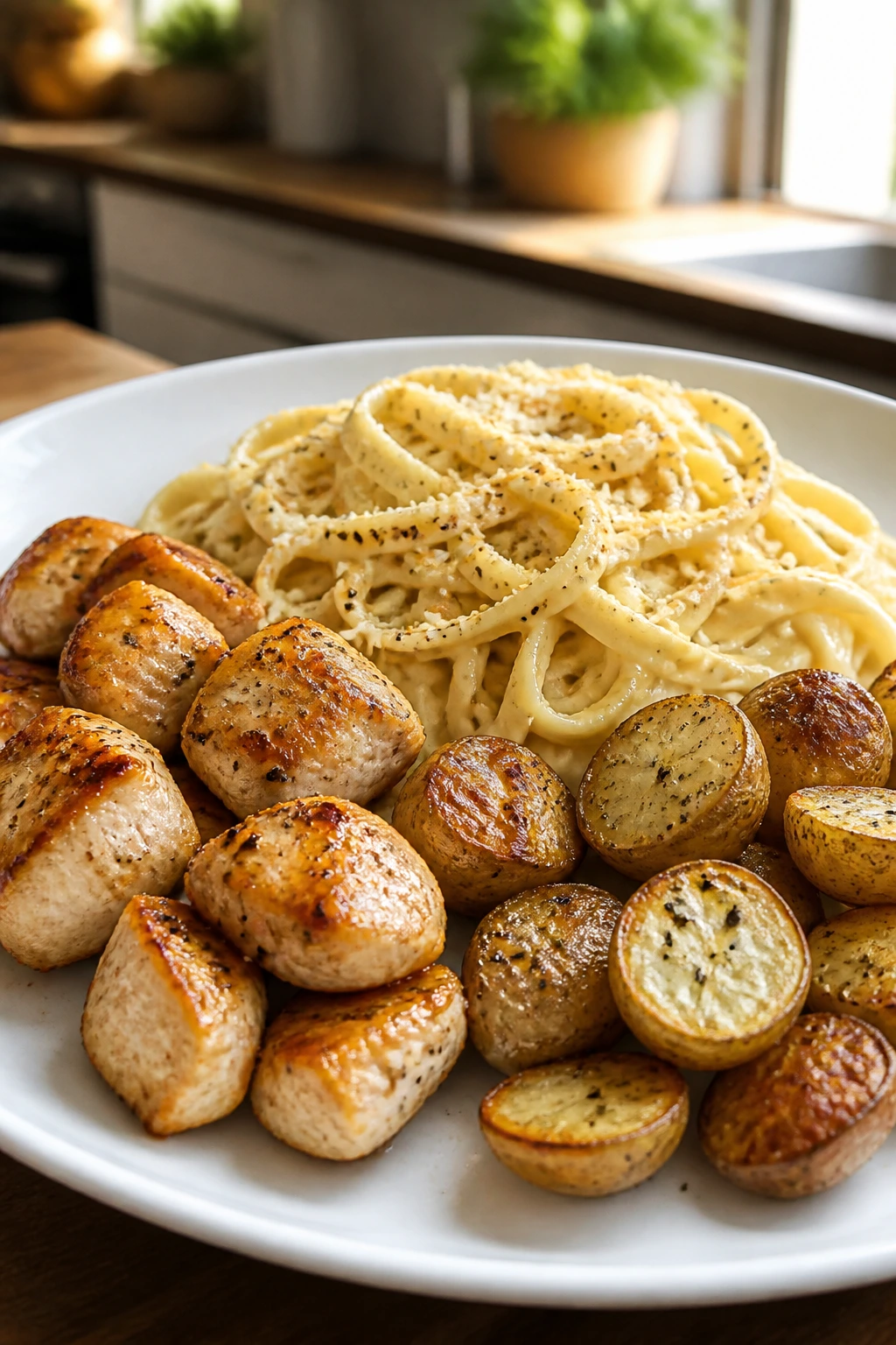 Close-up plate with chicken, noodles, and potatoes on a white plate, appealing to picky eaters.