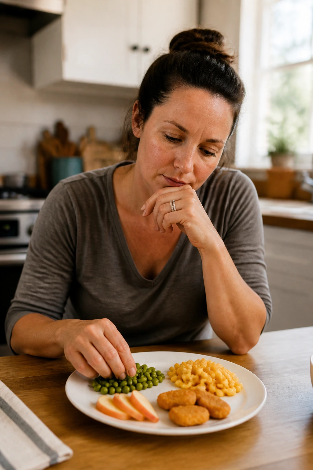 Real parent in a cozy kitchen contemplating a simple, separated plate of familiar foods