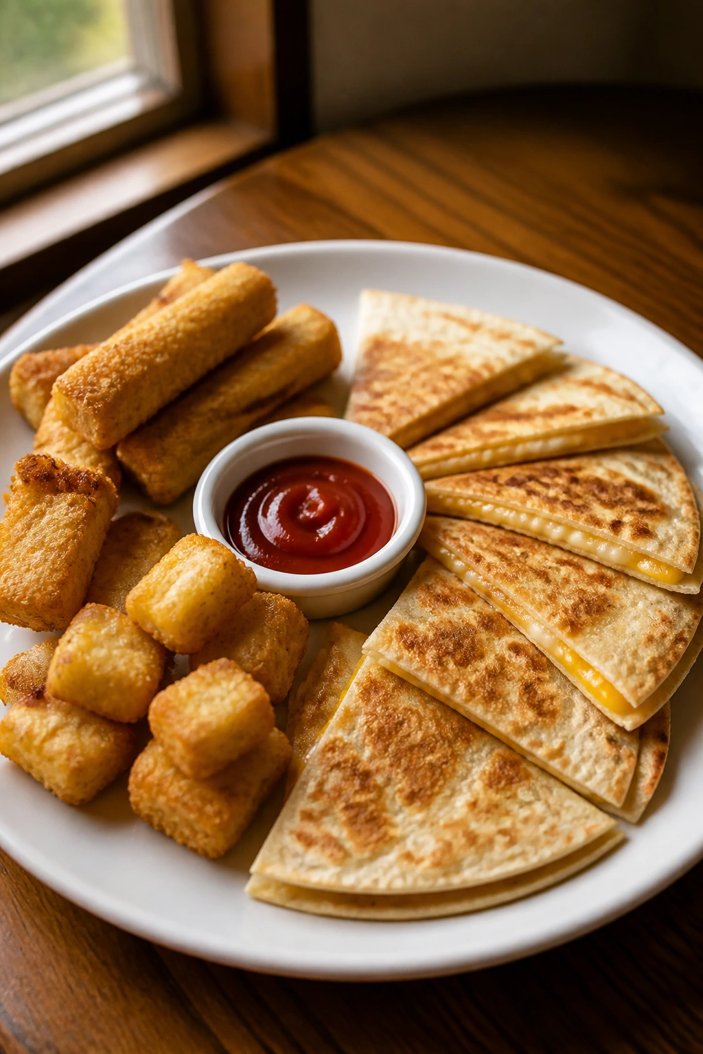 Plate of familiar dinner shapes for picky eaters on a wooden table