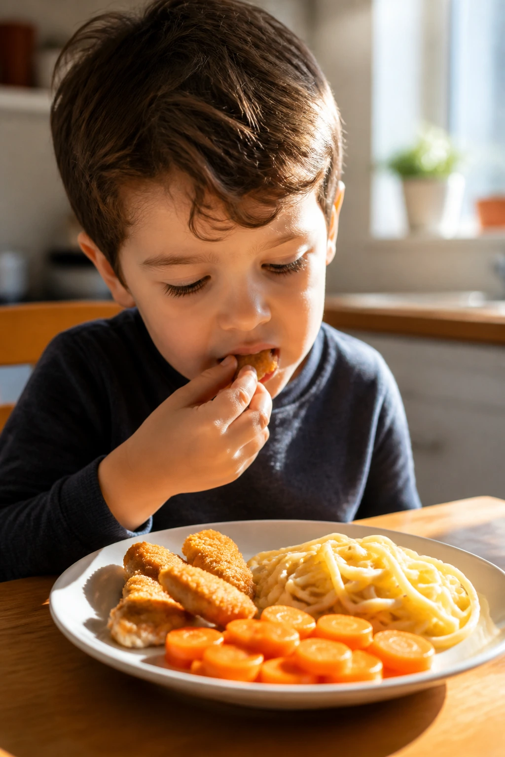 Close-up of a child eating small portions with separated foods to illustrate real bites