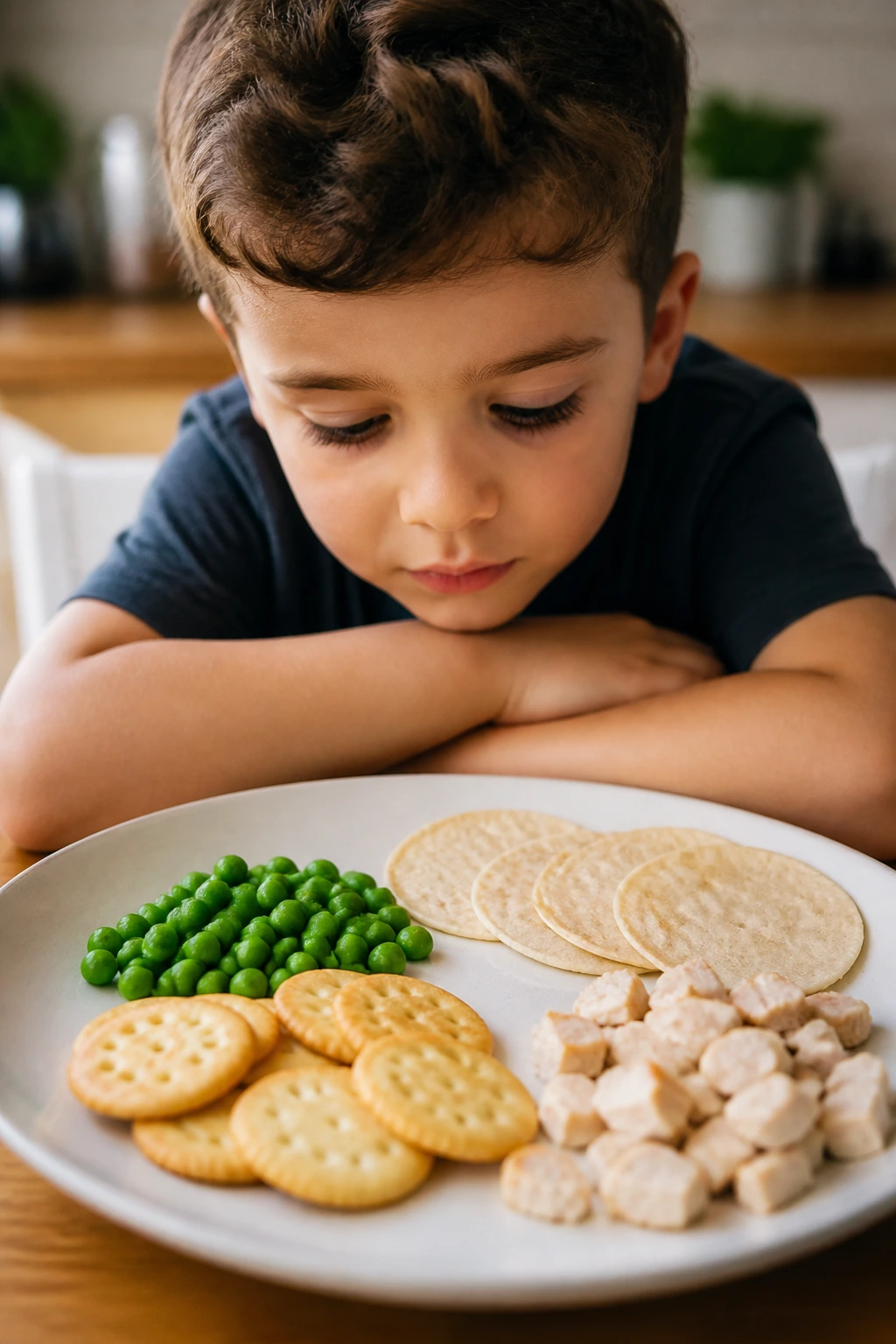 Child notices texture and shape on plate during a meal