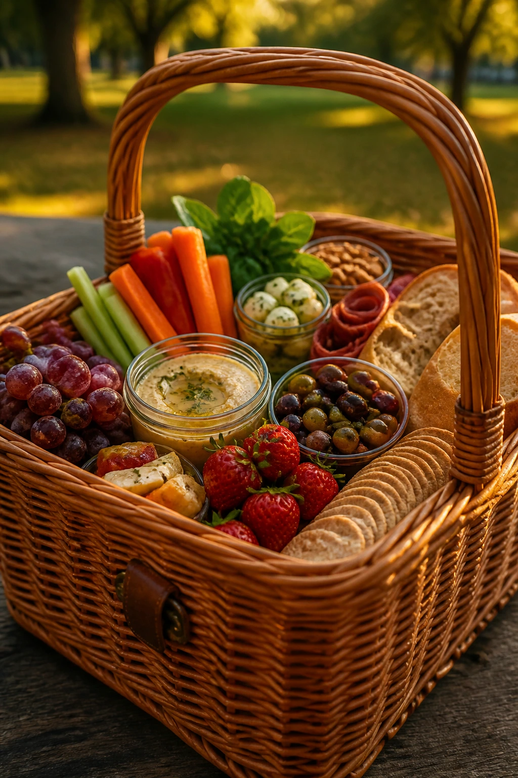 Wicker picnic basket with balanced contents in a sunlit outdoor setting