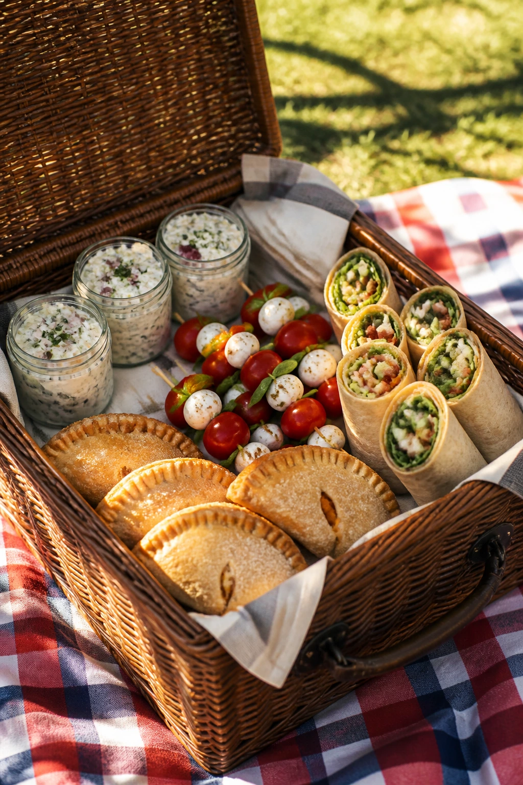 Wicker picnic basket opened on a blanket with assorted picnic foods.