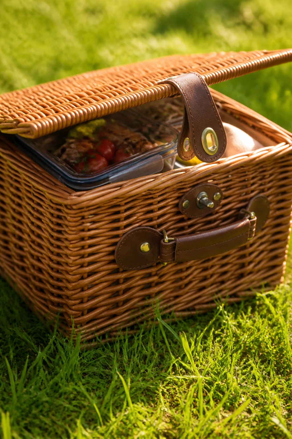 Close-up of a wicker picnic basket on real grass in bright sun
