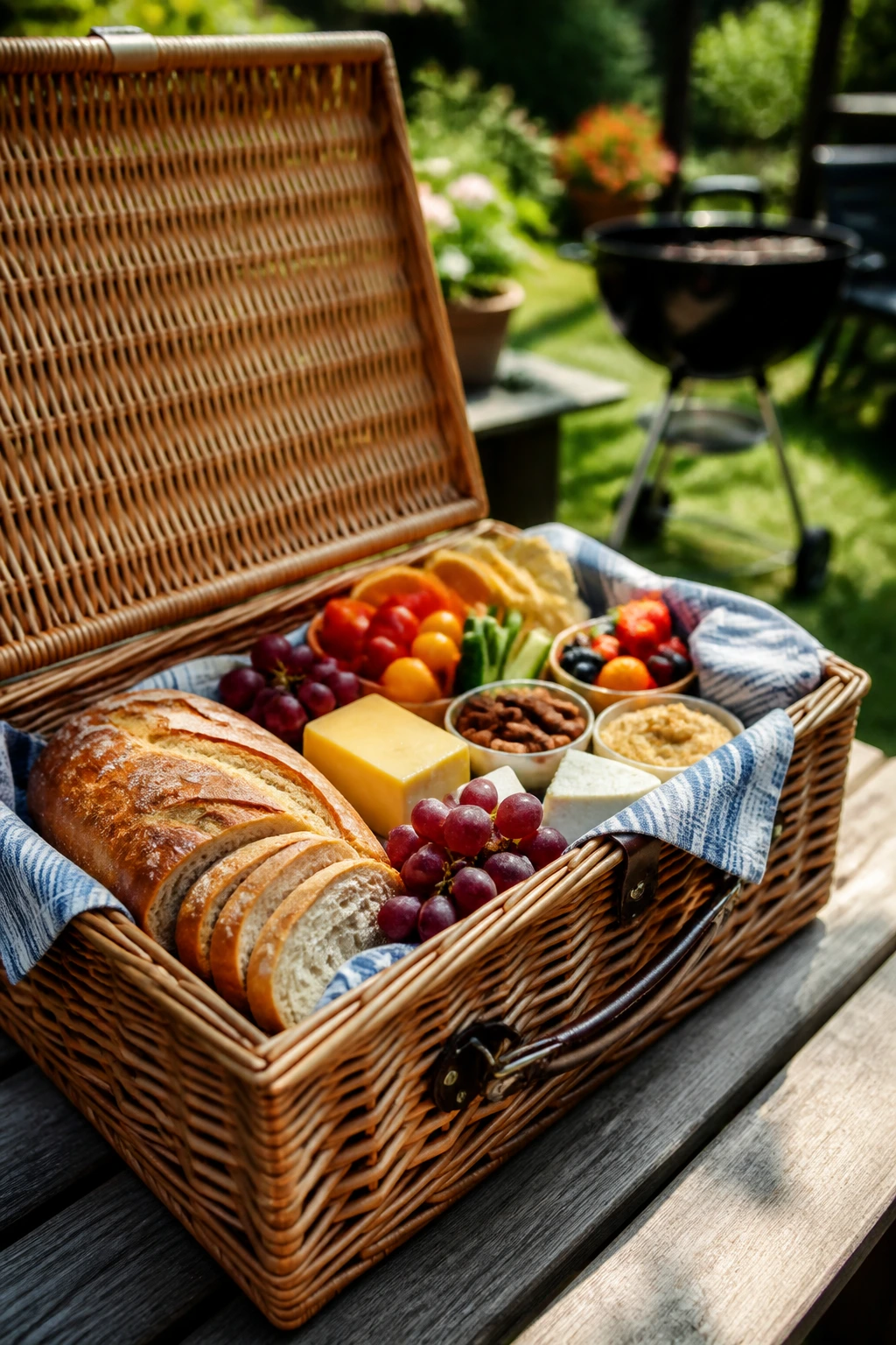 Close-up of a picnic basket filled with organized ingredients in a sunlit backyard