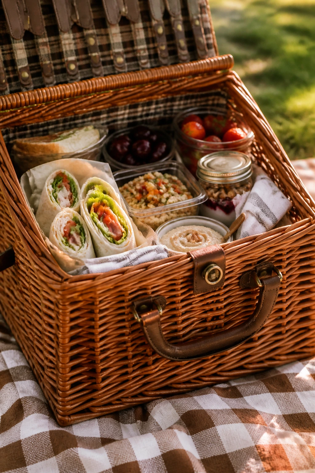 Close-up of a wicker picnic basket overflowing with portable foods in a sunny park