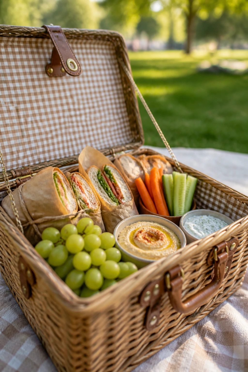 Close-up of an open picnic basket on grass with ready-to-eat foods like sandwiches and vegetables
