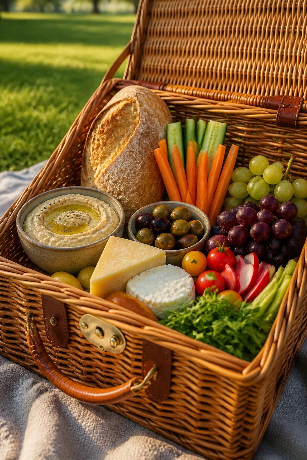 Close-up of a fully stocked wicker picnic basket on a sunny park blanket.