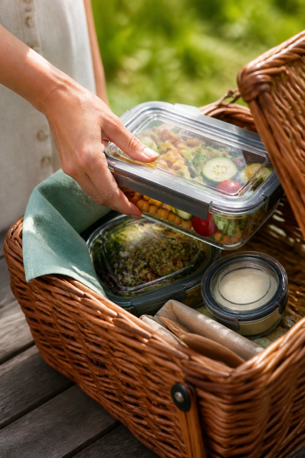 Hand packing airtight container into wicker picnic basket outdoors