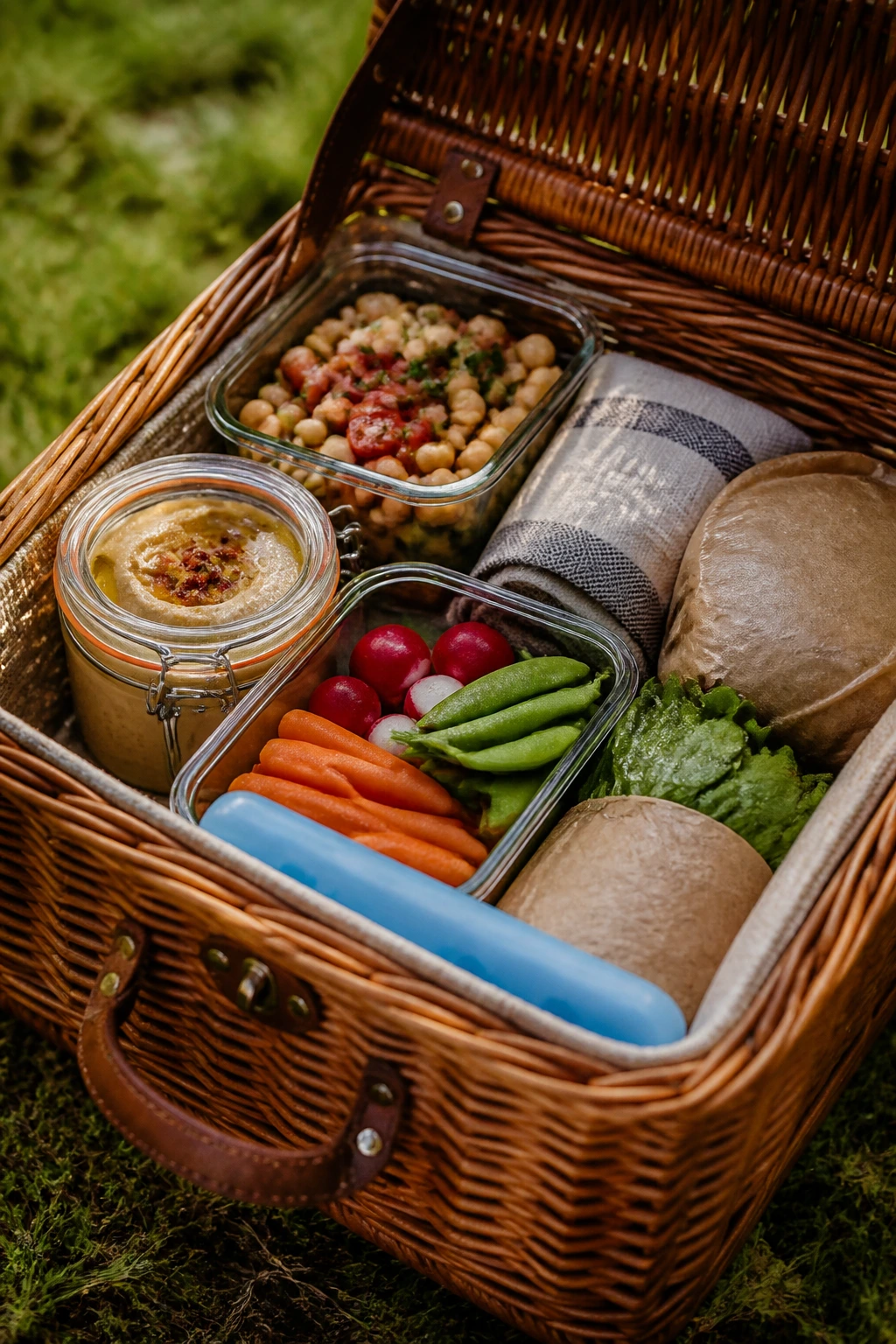 Wicker picnic basket with sealed containers and wrapped bread for packing