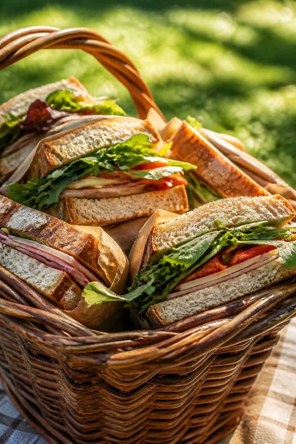 Rustic picnic basket overflowing with sturdy sandwiches in a sunlit outdoor setting