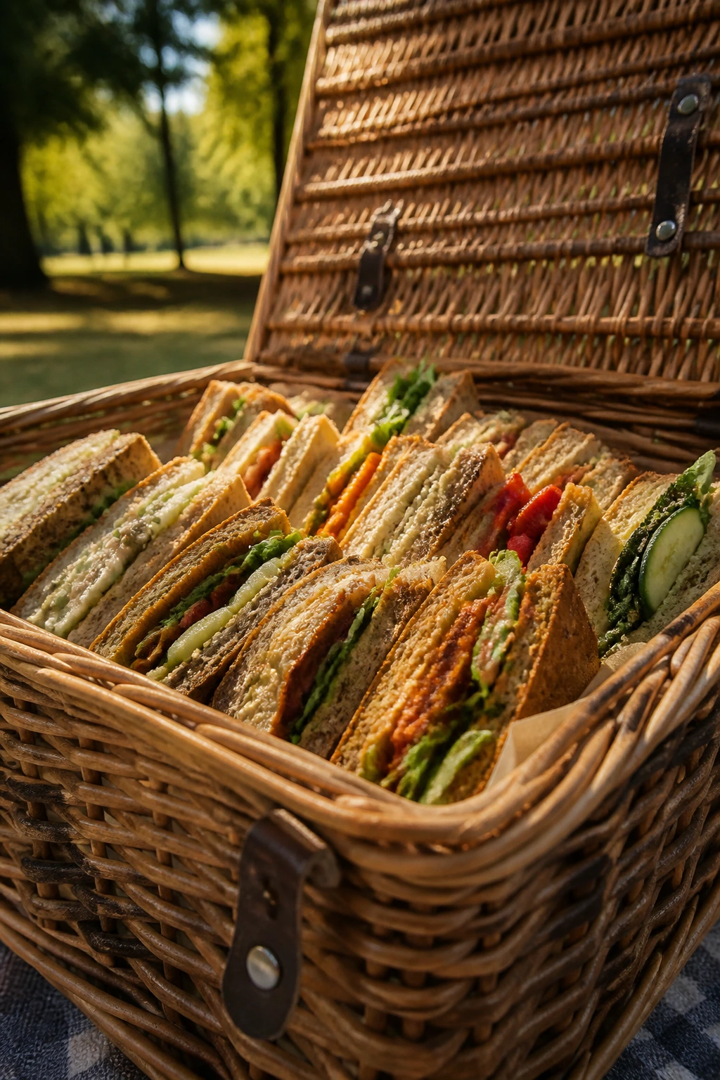 Close-up of a rustic wicker picnic basket open to reveal vegetarian sandwiches outdoors