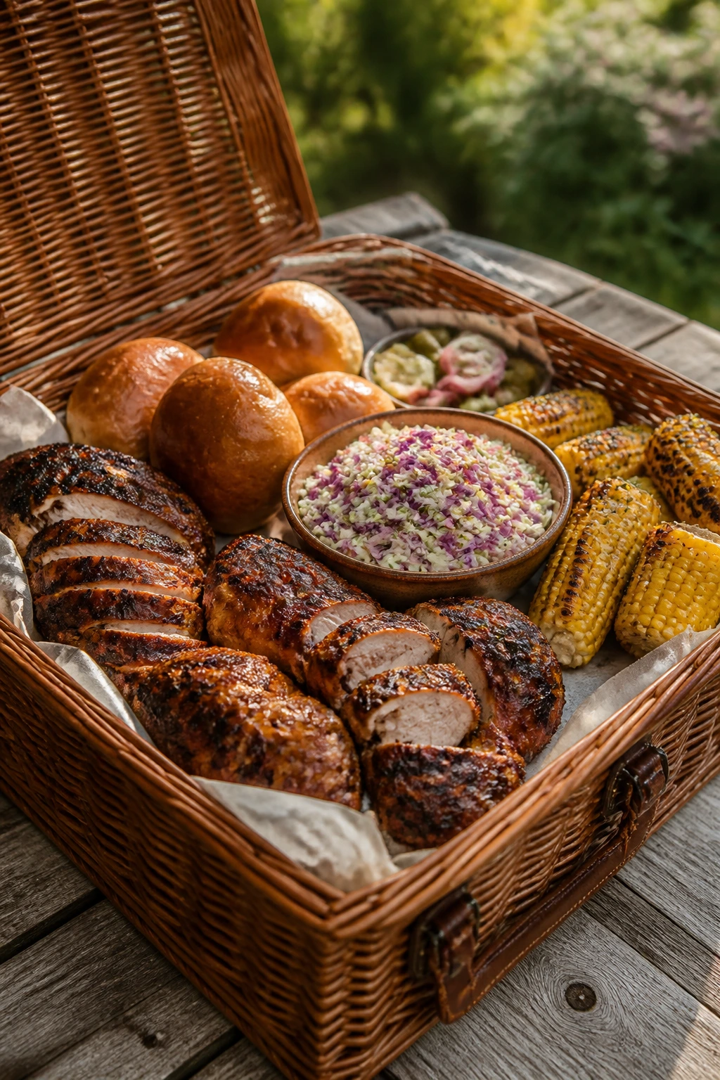 Open wicker picnic basket on wooden table with chicken, slaw, buns and corn