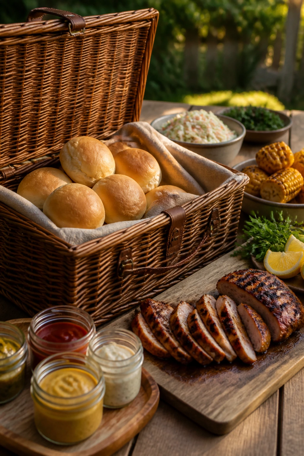 Well-set picnic basket on table with buns and grilled protein
