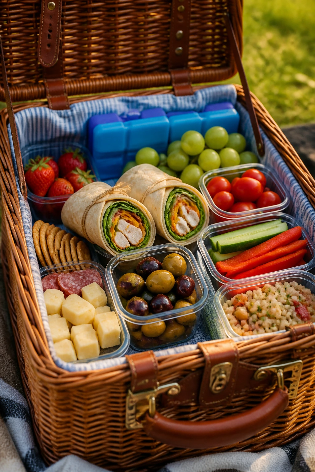 Close-up wicker picnic basket with organized compartments in a park