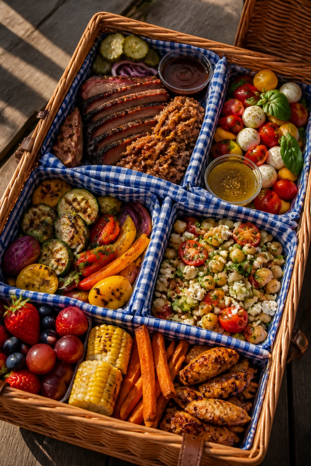 Top-down view of a colorful picnic basket with varied foods for different guests in a backyard