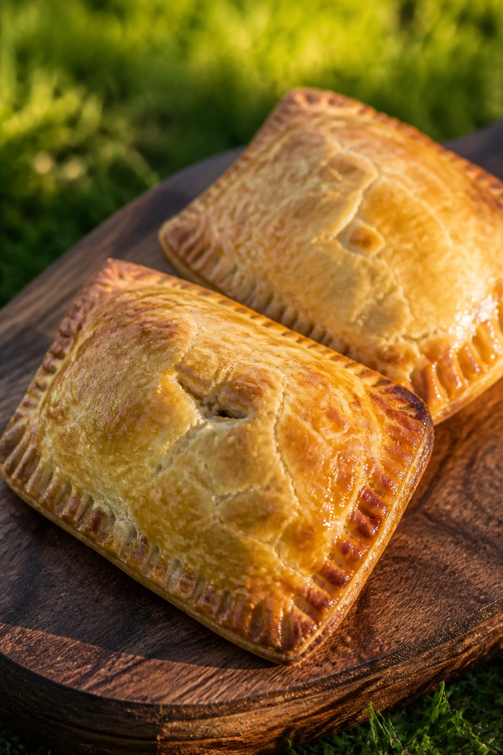 Beef hand pies on a wooden board outdoors with grass in the background