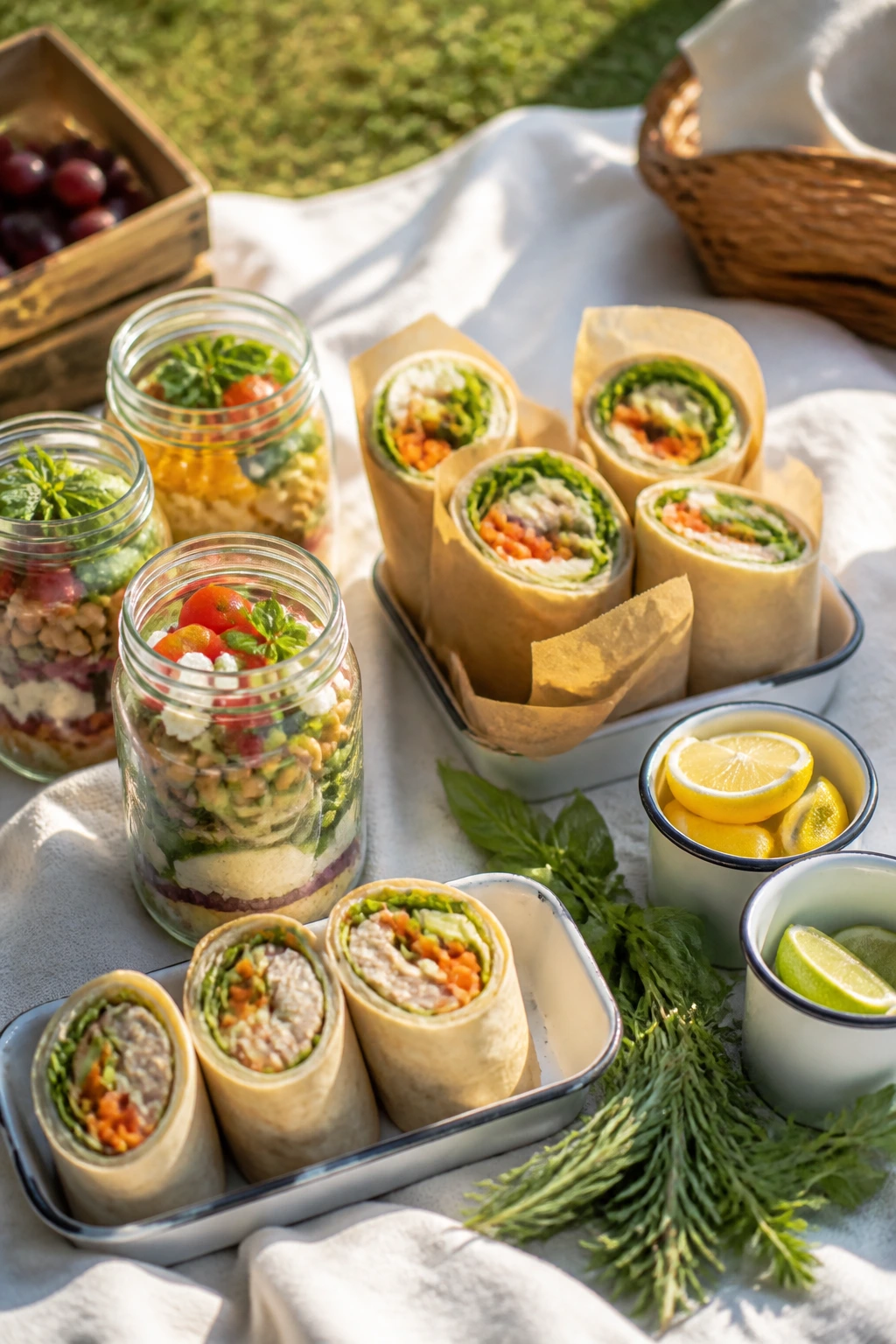 Top-down shot of a sunny picnic blanket with fresh wraps, jars, and cups as a portable, cooler-friendly meal