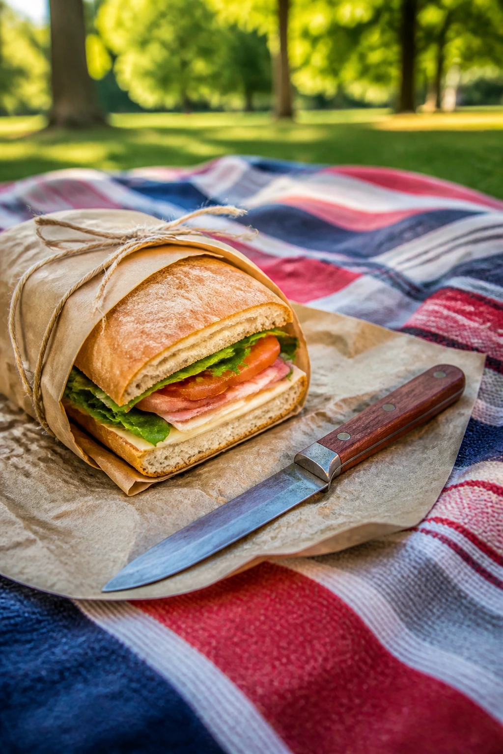 Close-up of a wrapped sandwich with a knife on parchment on a picnic blanket