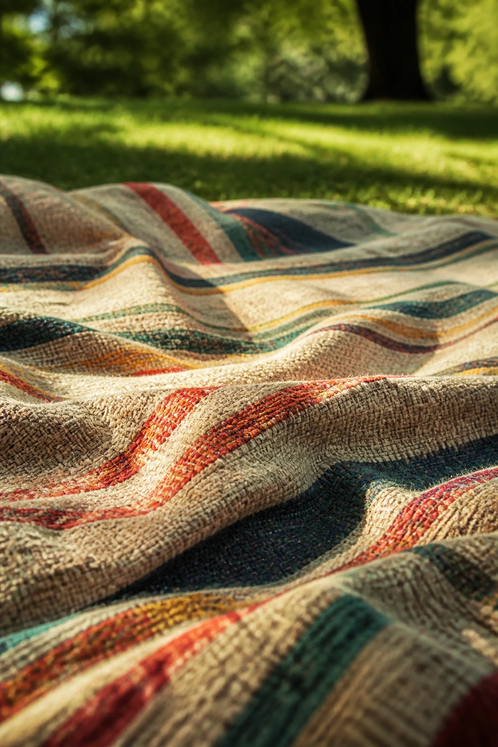 Close-up of a textured picnic blanket on grass in warm sunlight.