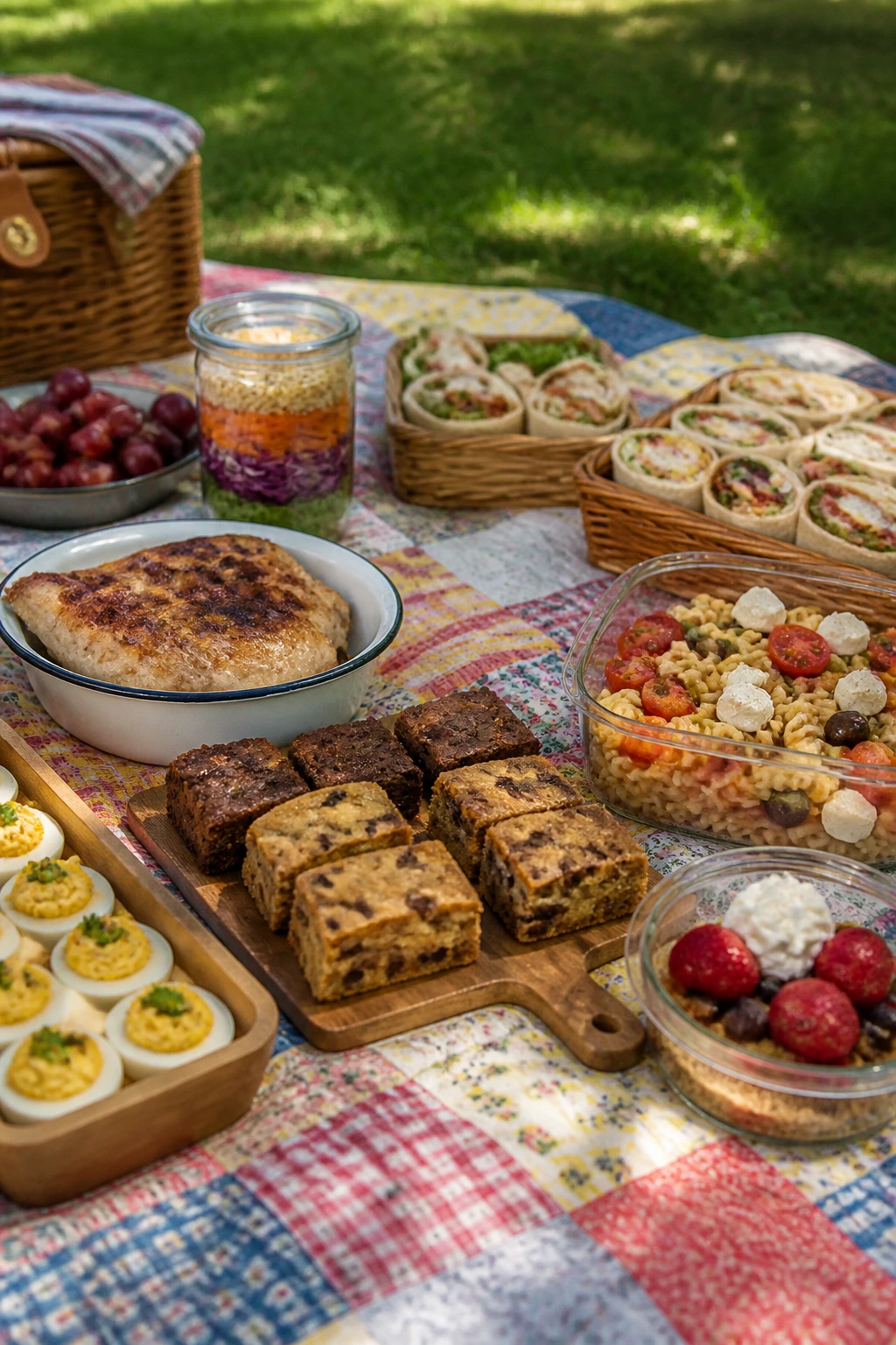 Close-up of a colorful picnic blanket spread with portable picnic foods on grass