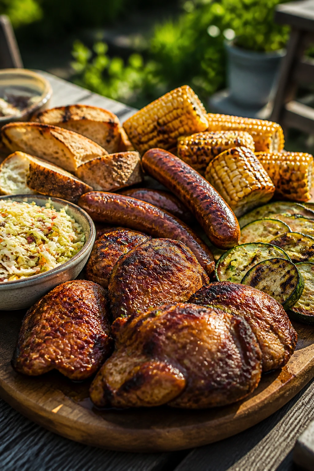 Charred picnic board with varied components on a wooden tray outdoors