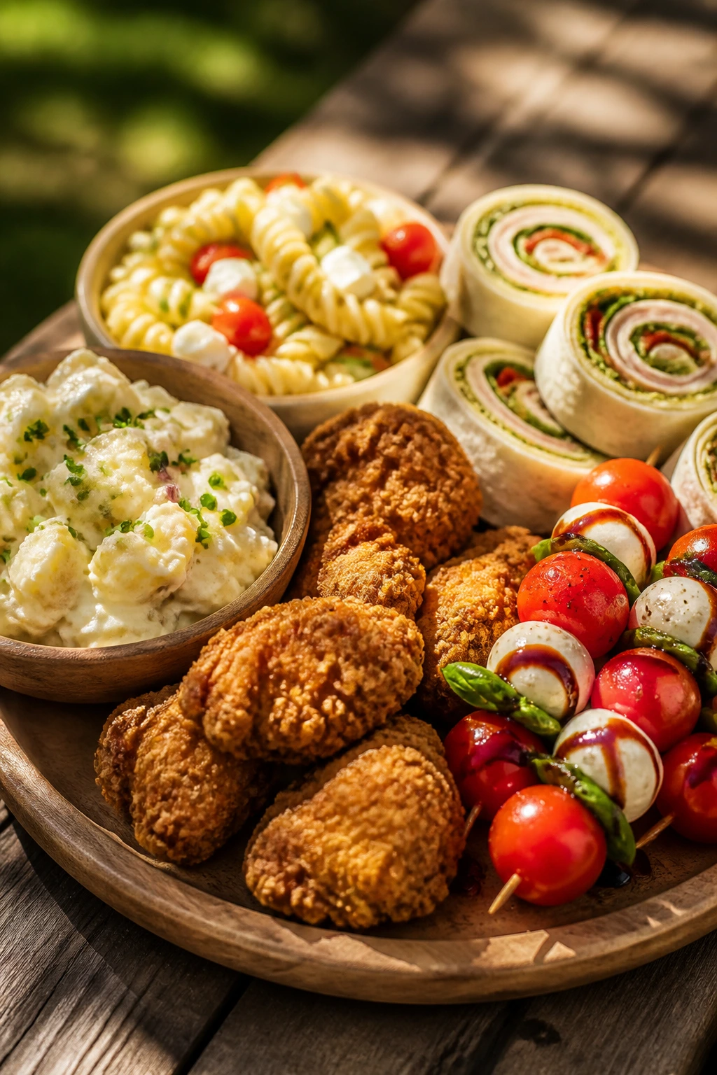 Close-up of a picnic board with potato salad, pasta salad, fried chicken, pinwheels, and caprese skewers on a sunlit blanket.