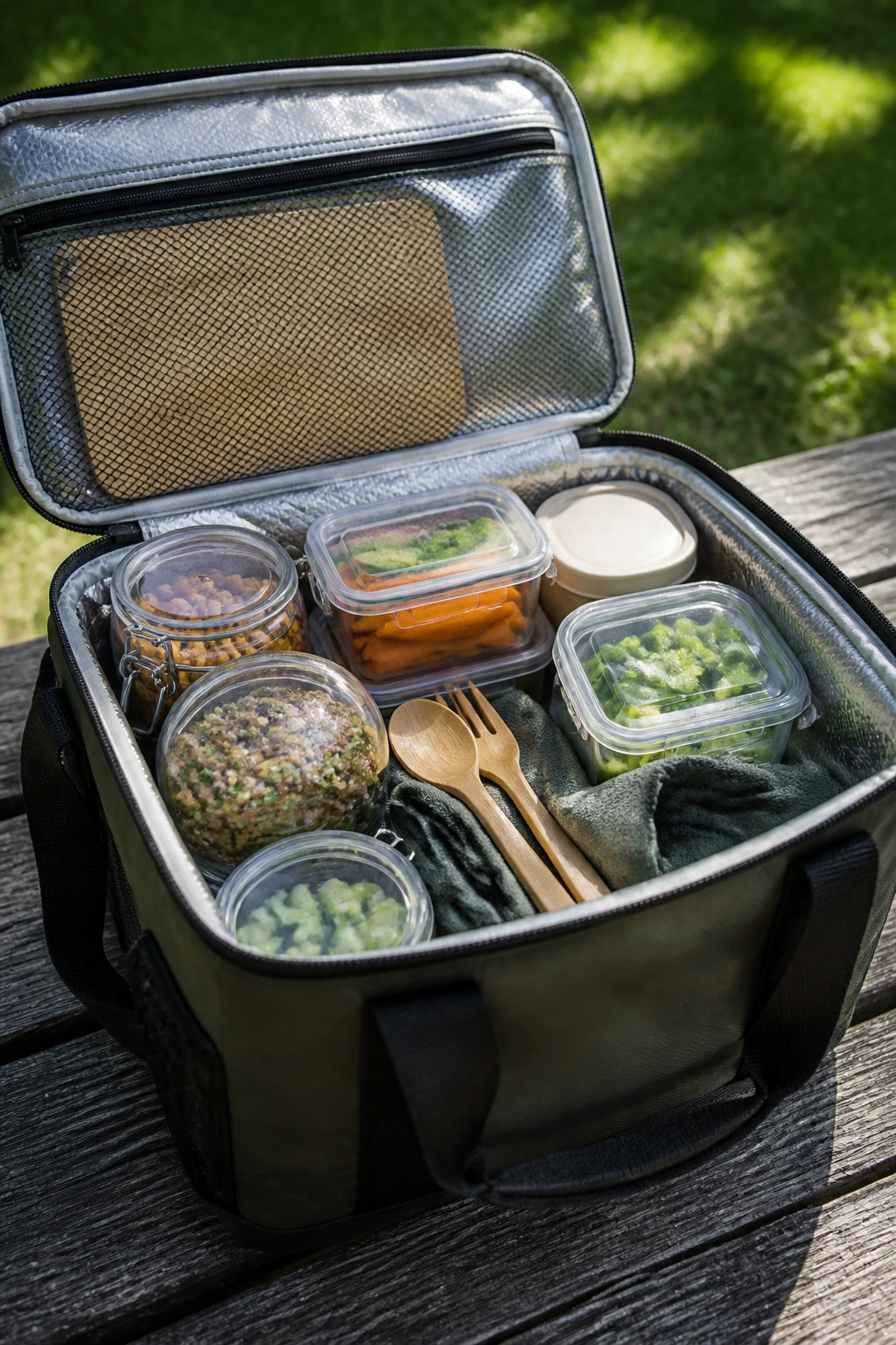 Open cooler with containers and utensils for a vegan picnic