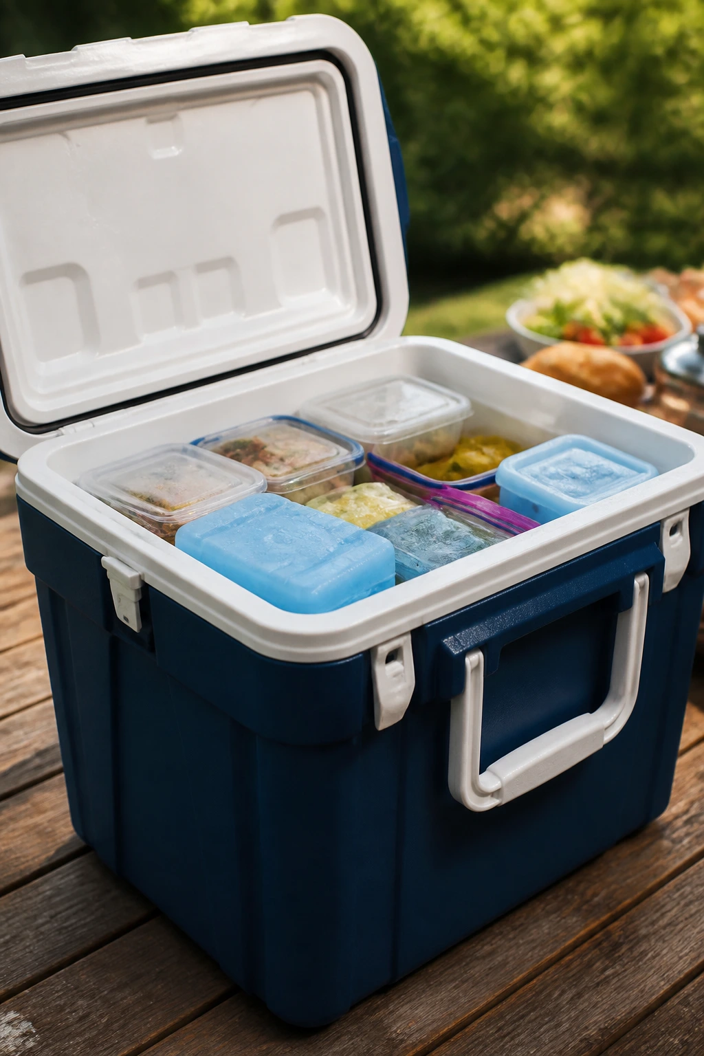Open cooler with ice packs on a picnic table outdoors