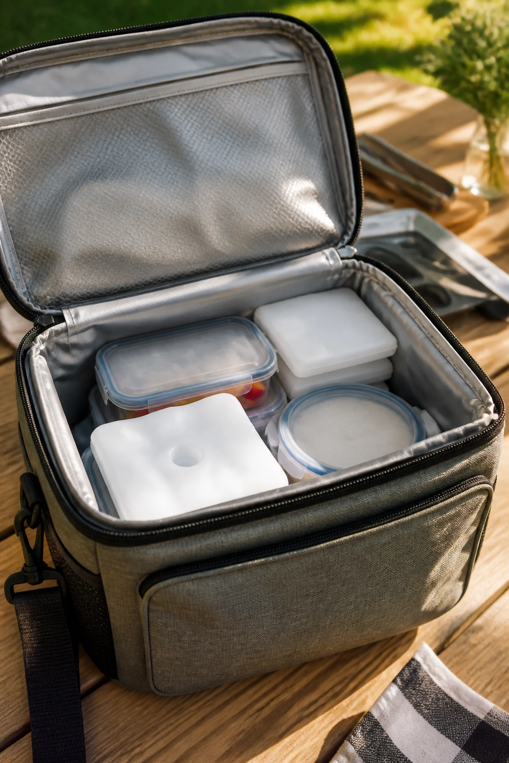 Open insulated cooler bag on a picnic table showing cold packs inside