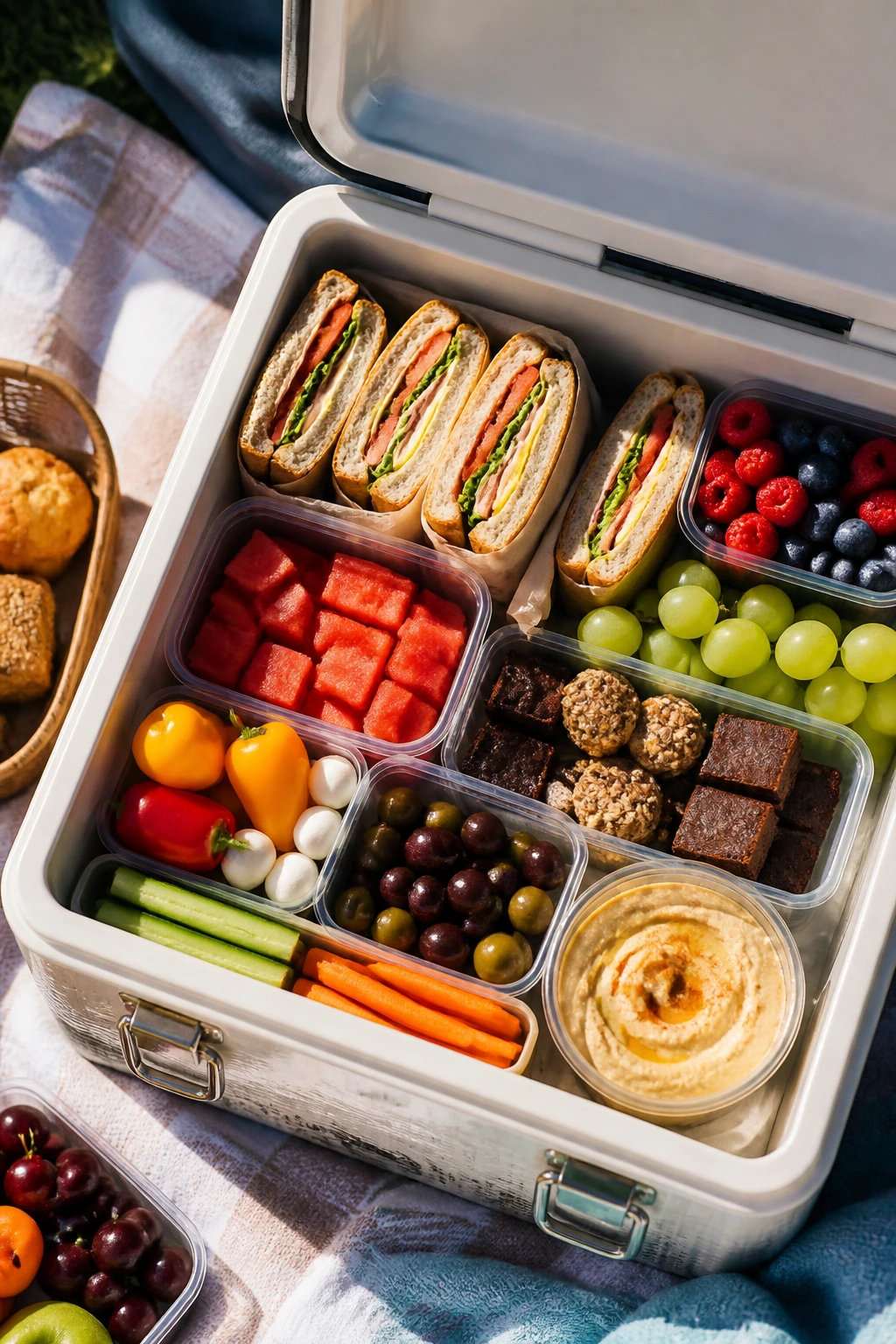 Open cooler filled with sandwiches and fruit on a sunny picnic blanket