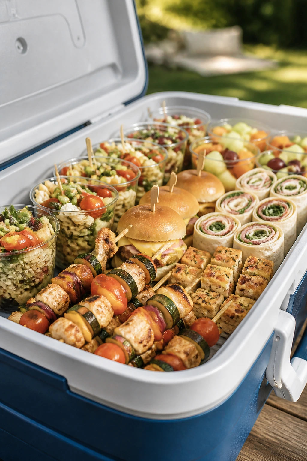 Close-up of a cooler opened to reveal handheld picnic dishes