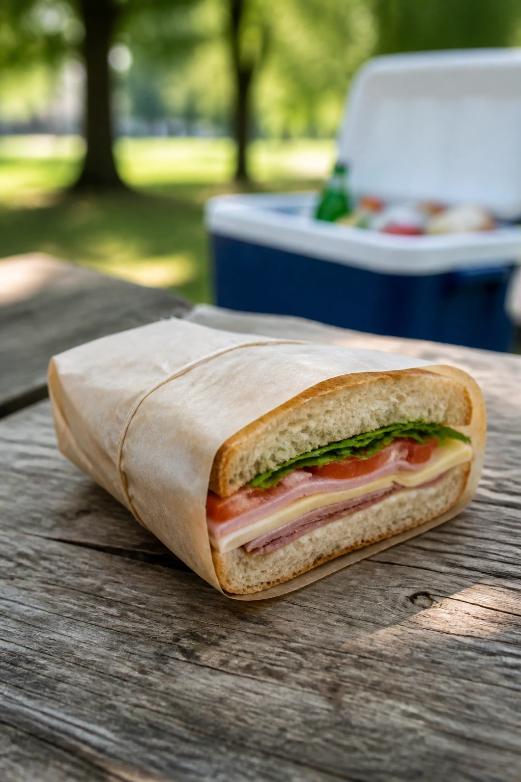 Close-up of a parchment-wrapped sandwich on a park picnic table beside a cooler, signaling cooler-friendly picnic fare